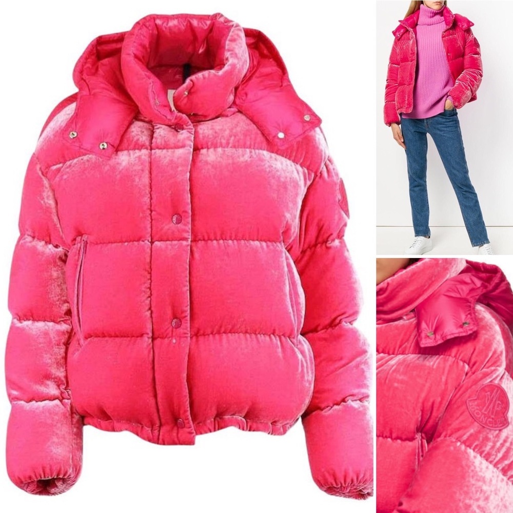 Moncler Hot Pink Velvet Quilted Down Puffer Jacket Goose Down Puffer Coat
